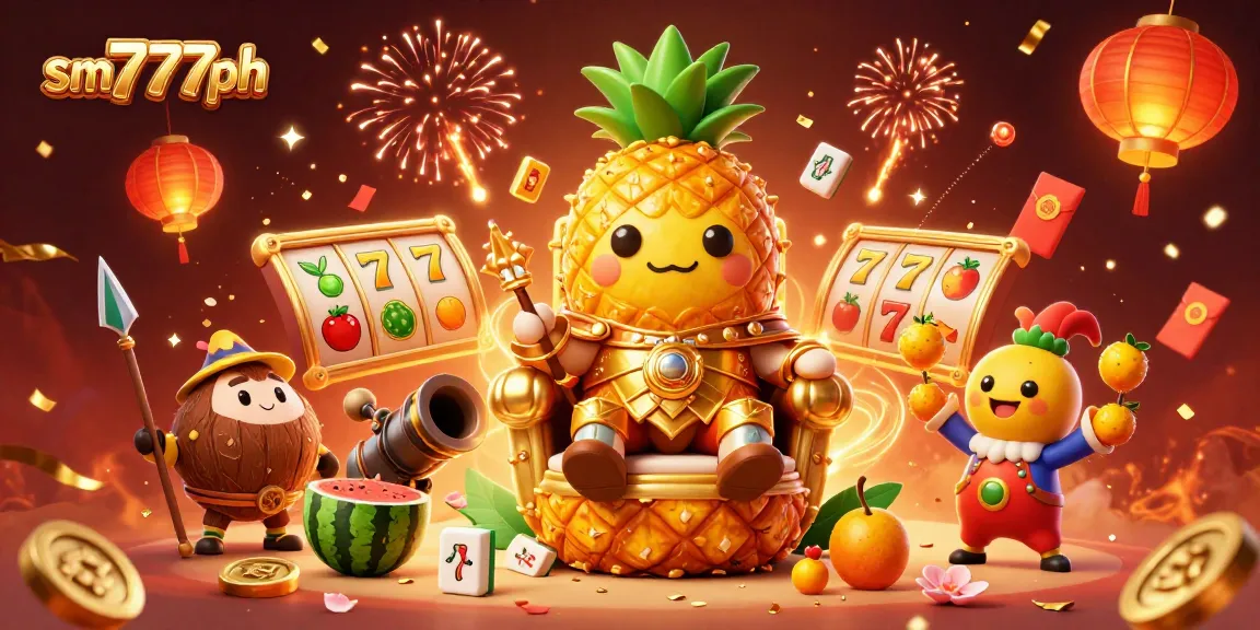 Experience winning at sm777ph with a vibrant 3D illustration of a casino scene featuring a pineapple king and dynamic game elements.