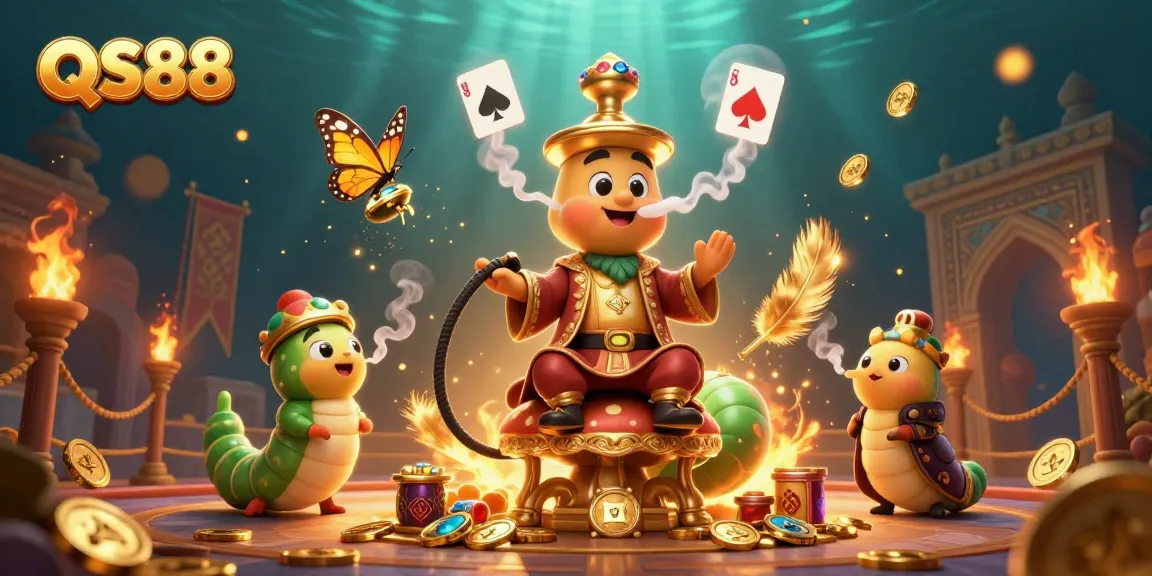 Engage with a colorful QS88 scene showcasing a caterpillar masterfully blowing poker hand smoke rings.