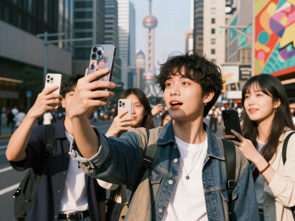 Person enjoying a fun moment comparing their appearance with a celebrity look alike in a vibrant urban setting.