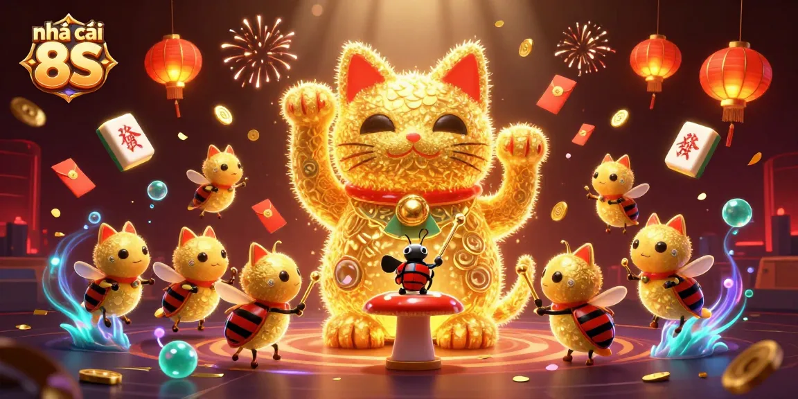 Experience the excitement of nhà cái 8S with a dynamic lucky cat surrounded by vibrant casino symbols.