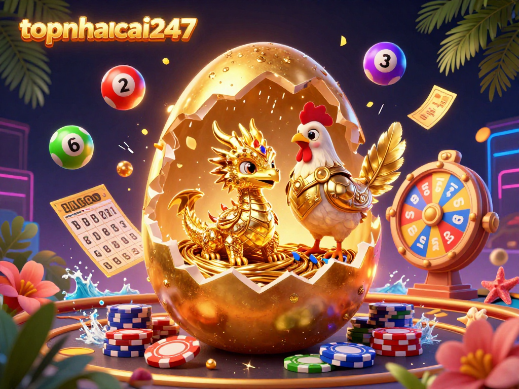 Experience thrilling gaming action at topnhacai247 with a vibrant casino illustration showcasing colorful lottery elements.