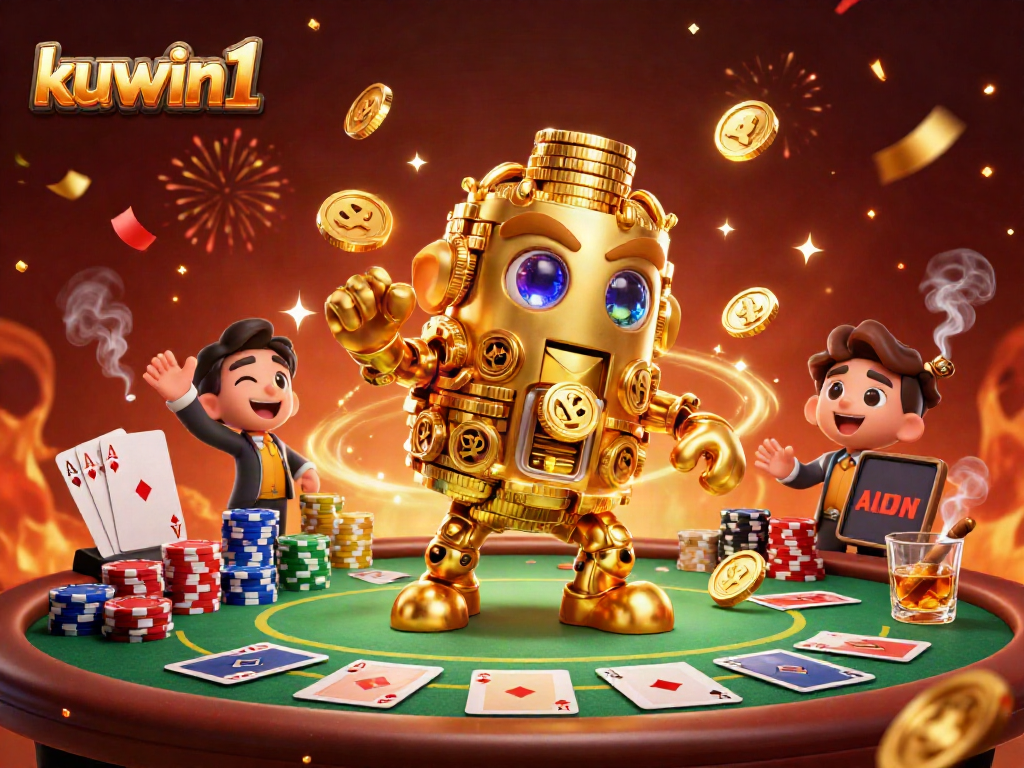 Win big with kuwin1's vibrant cartoon casino scene featuring golden golem and poker excitement.