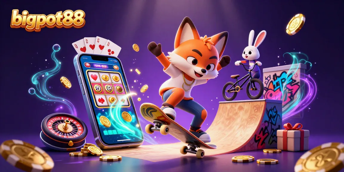 Bigpot88 showcases a vibrant casino scene featuring animated characters with slot games and poker elements.
