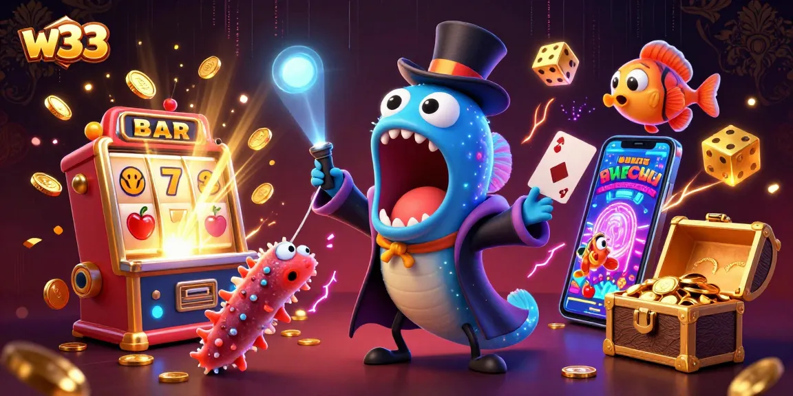 Experience thrilling w33 gaming adventures with a playful undersea magic show illustration.