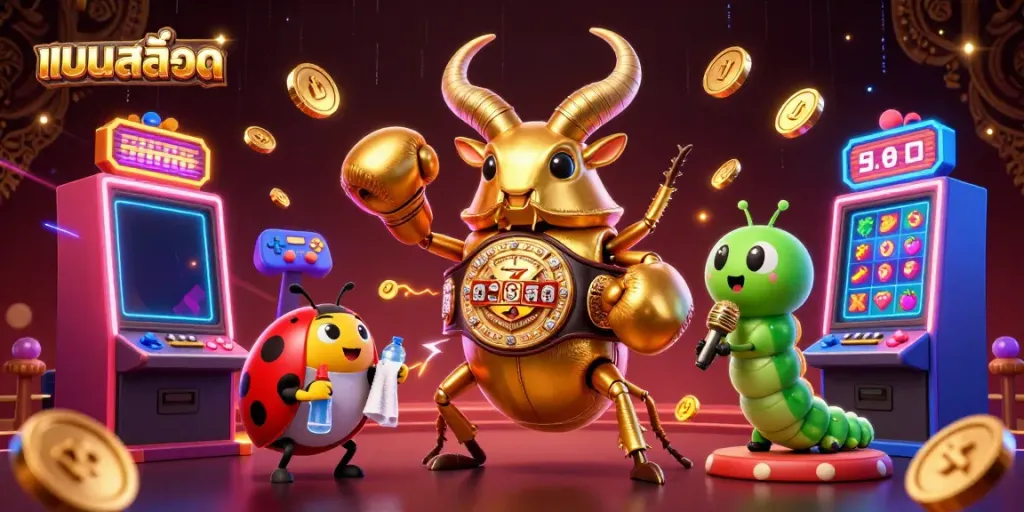 Engage in แบบสล็อต action with glowing slot machines, colorful characters, and dynamic casino elements.