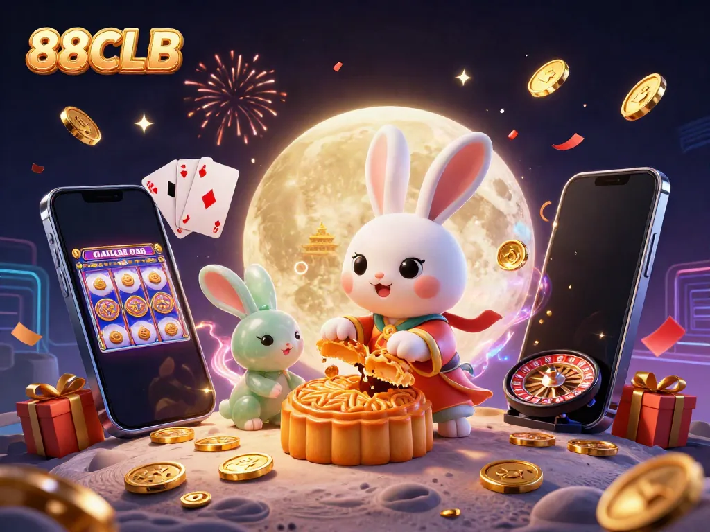 Engage with top games on 88CLB featuring a moon rabbit celebrating with poker chips and festive elements.