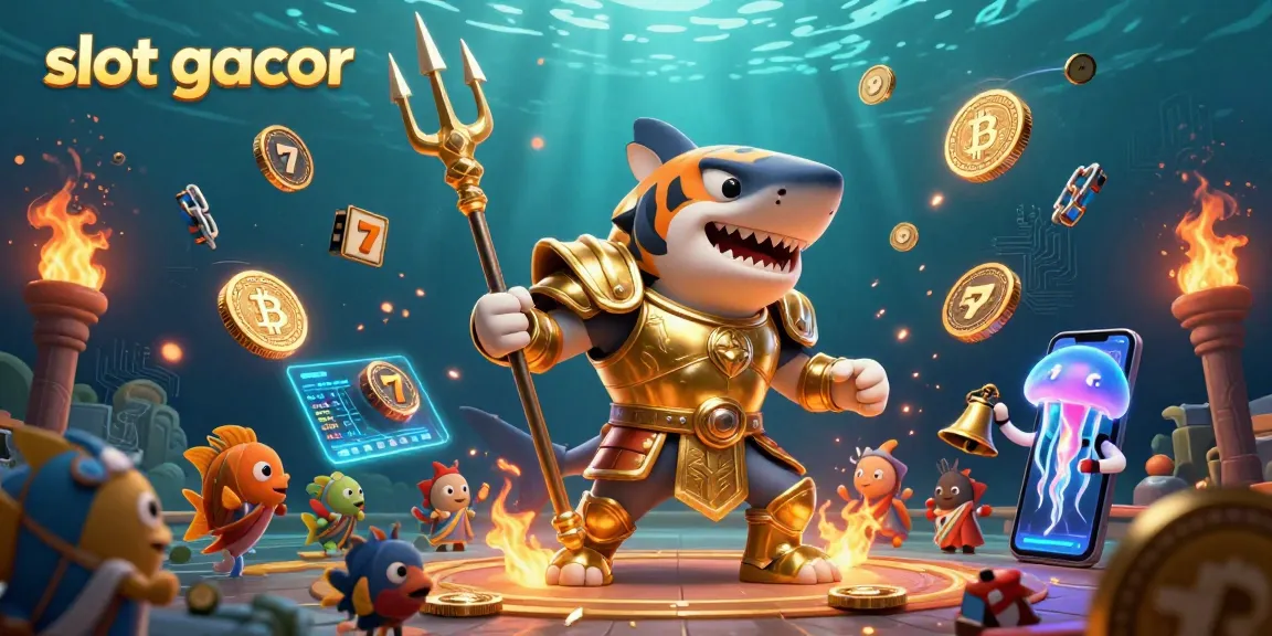 Engage with slot gacor elements in a vibrant underwater casino scene featuring a fierce tiger shark and dynamic gaming symbols.