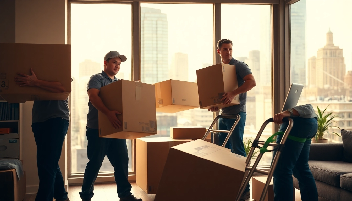 Best NYC movers expertly handling boxes during a move in a bustling New York City environment.