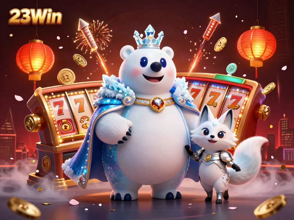 Experience dynamic gaming with 23Win featuring a regal bear and fox in a vibrant casino scene.