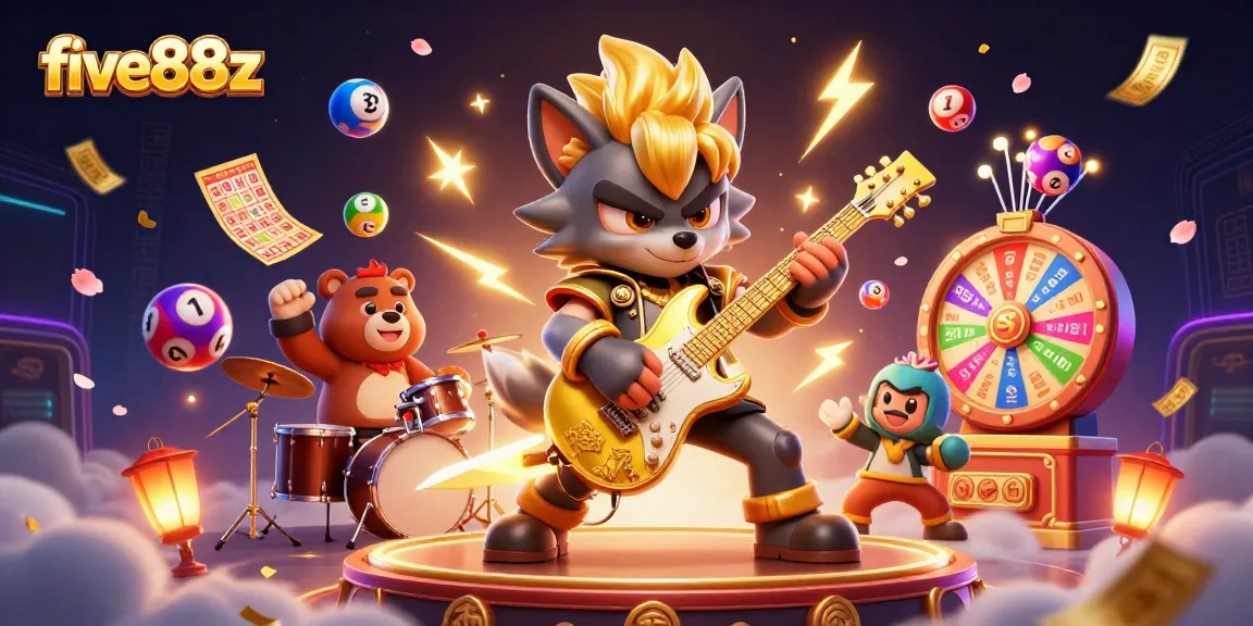 Engage with five88z’s vibrant gaming universe featuring a cartoon wolf on stage with lottery elements