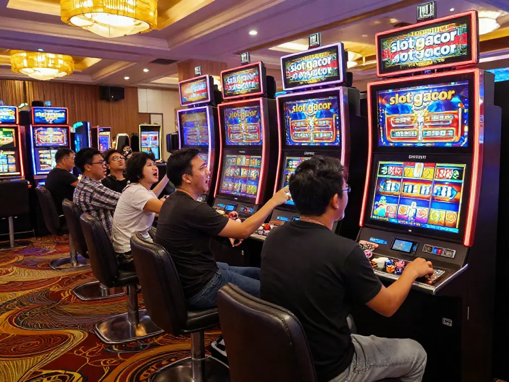 Exciting casino scene featuring players at a slot gacor machine cheering and celebrating wins.
