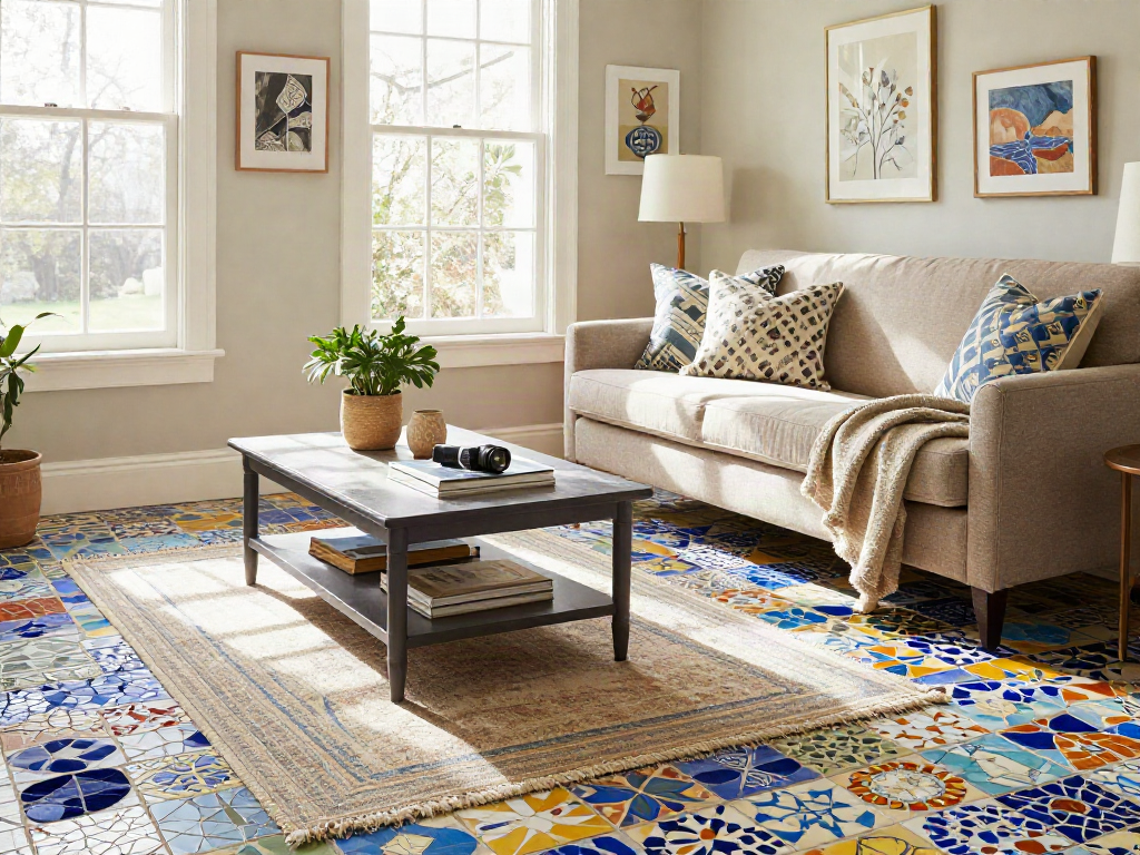 Mosaic tiles Sydney creating a stylish living room interior with vibrant patterns and natural light.