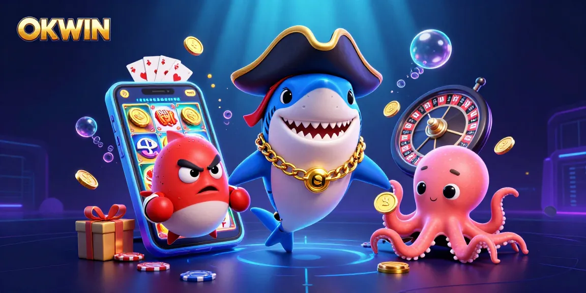 Experience exciting gaming with OKWIN’s enchanting 3D casino characters in a vibrant underwater scene.