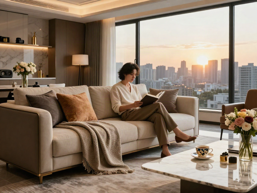 Interior ruang tamu mewah dengan elemen luxury111, sofa elegan dan pemandangan kota yang indah