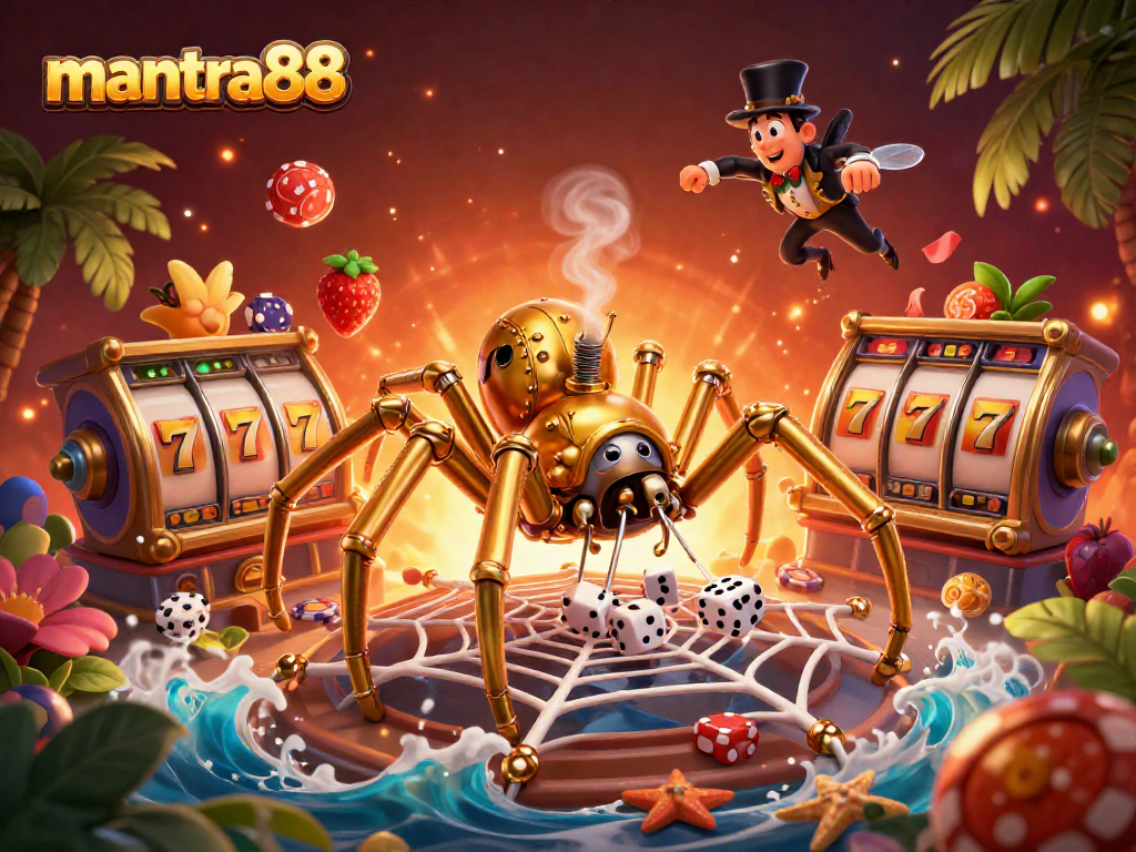 Join the excitement at mantra88 as a steampunk spider traps dice in a lively casino setting with jackpot reels.