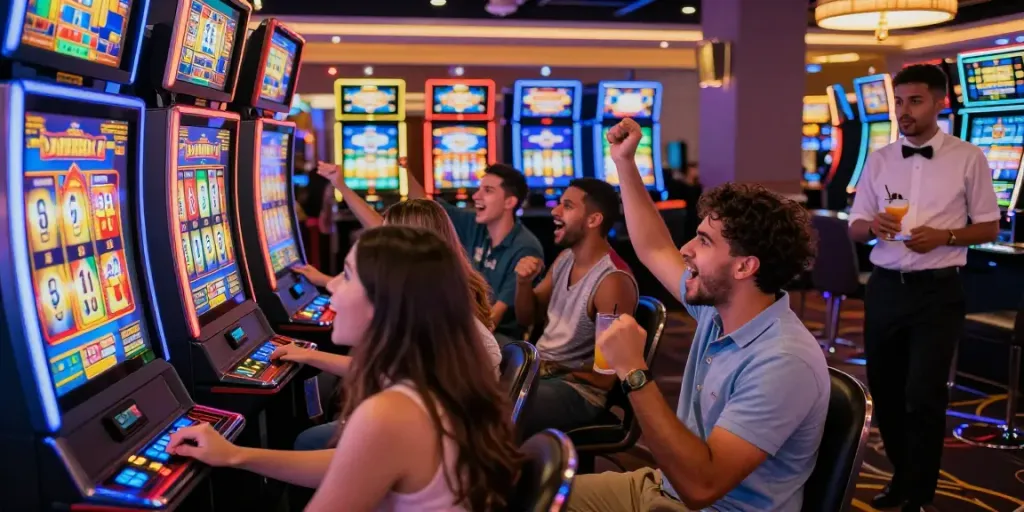 Exciting slot online gaming scene with players cheering at vibrant slot machines.