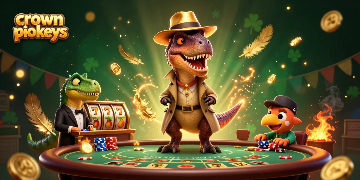Spin the crown pokies with a clever velociraptor at the blackjack table, caught in a vibrant casino scene.