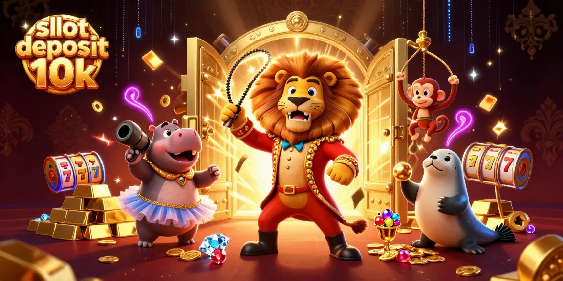 Engage with slot deposit 10k gameplay in this dynamic 3D circus scene showcasing fun casino characters and gold treasures.