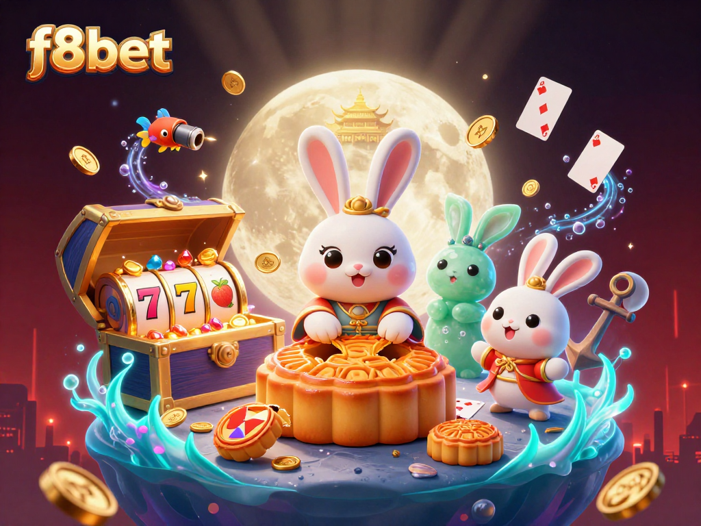 Experience the magic of f8bet with whimsical moon-themed illustrations and casino elements.