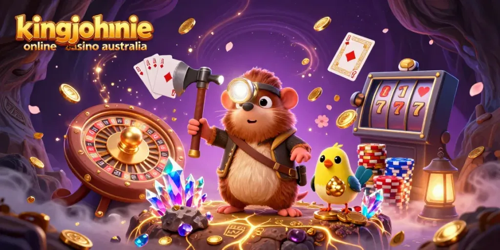 Experience excitement at kingjohnnie online casino australia with a treasure hunter mole and canary among gold and gems.