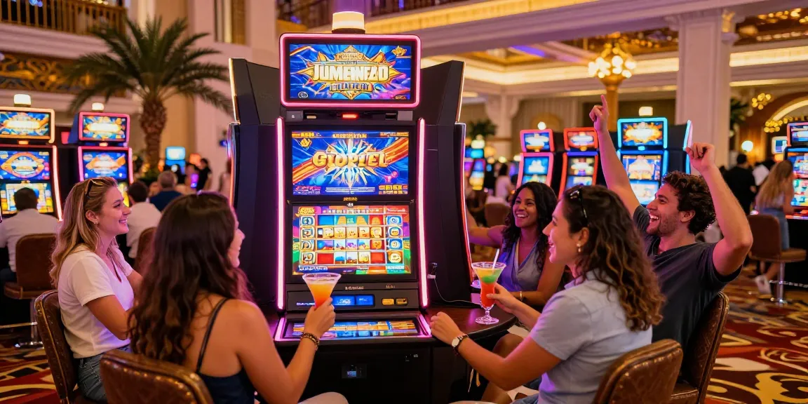 Friends celebrating a win at a colorful slot luar negeri machine in a vibrant casino atmosphere.