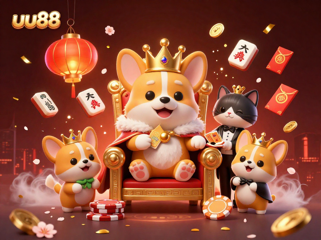 uuu88 brings luck with a vibrant 3D casino illustration featuring a royal corgi and cat butler.