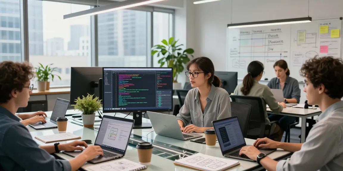 Collaborative team of developers working together at https://www.www456bd.com/ in a modern tech office, showcasing innovative app design.