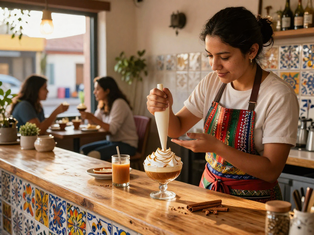 Best suspiro a la limena near me being crafted by a skilled barista in a cozy Peruvian café.