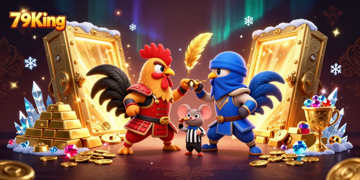 Engage in epic rooster battles with 79King while surrounded by treasures and dynamic casino elements.