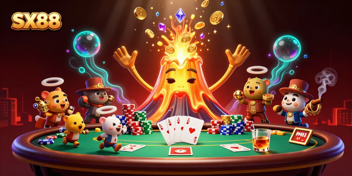 SX88 players bet on a vibrant poker table surrounded by treasure, showcasing thrilling gameplay.