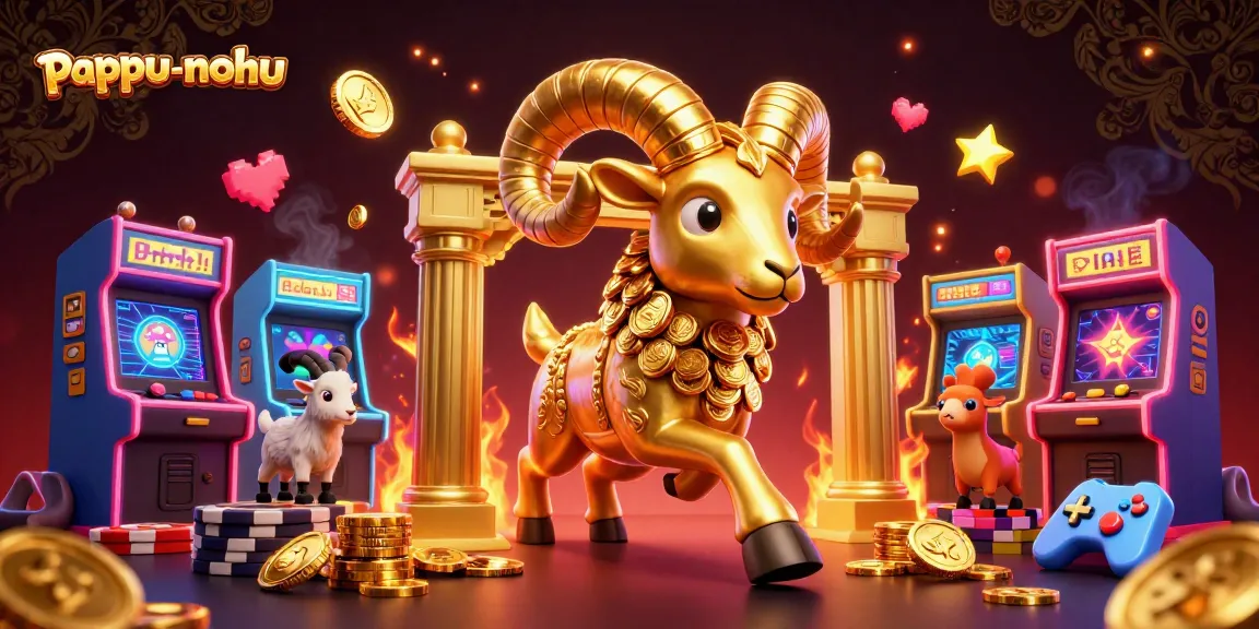 Pappu-nohu game illustration with a golden ram charging through a golden gate amidst vibrant gaming elements.
