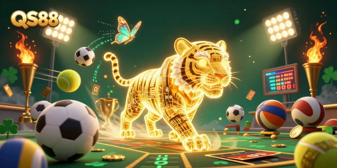 Engage in the thrilling world of QS88, featuring a vibrant digital casino with neon tiger and dynamic sports elements.