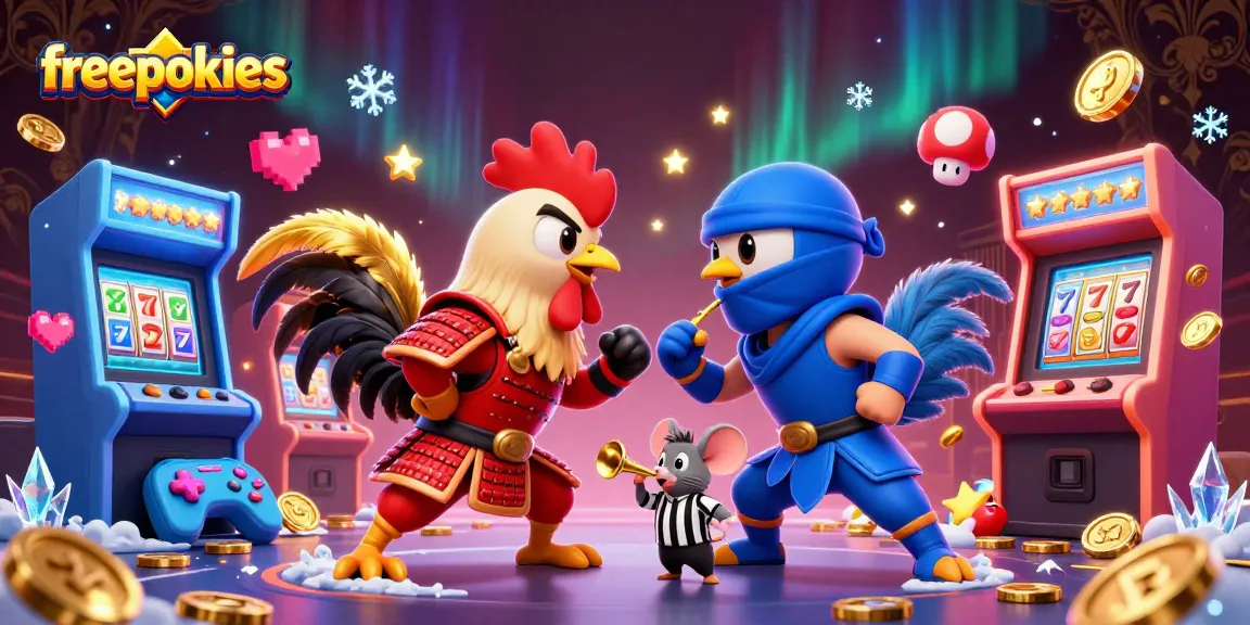 Spin the reels in freepokies with dramatic fighting roosters and vibrant gaming elements.