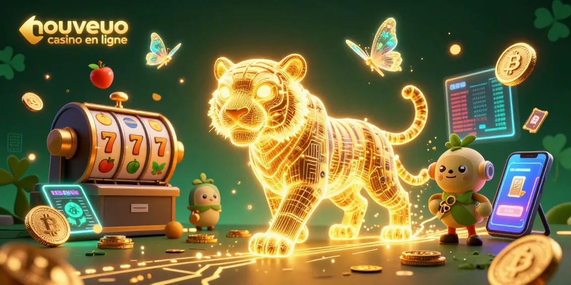 Jouez au nouveau casino en ligne avec un tigre d'énergie lumineuse et des symboles de jackpot dans un paysage numérique.