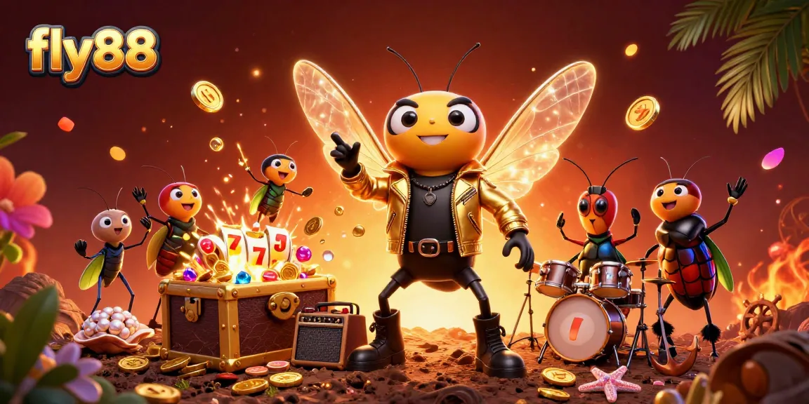 Experience the thrill of fly88 with a dynamic 3D scene of casino excitement, featuring vibrant characters and slot elements.