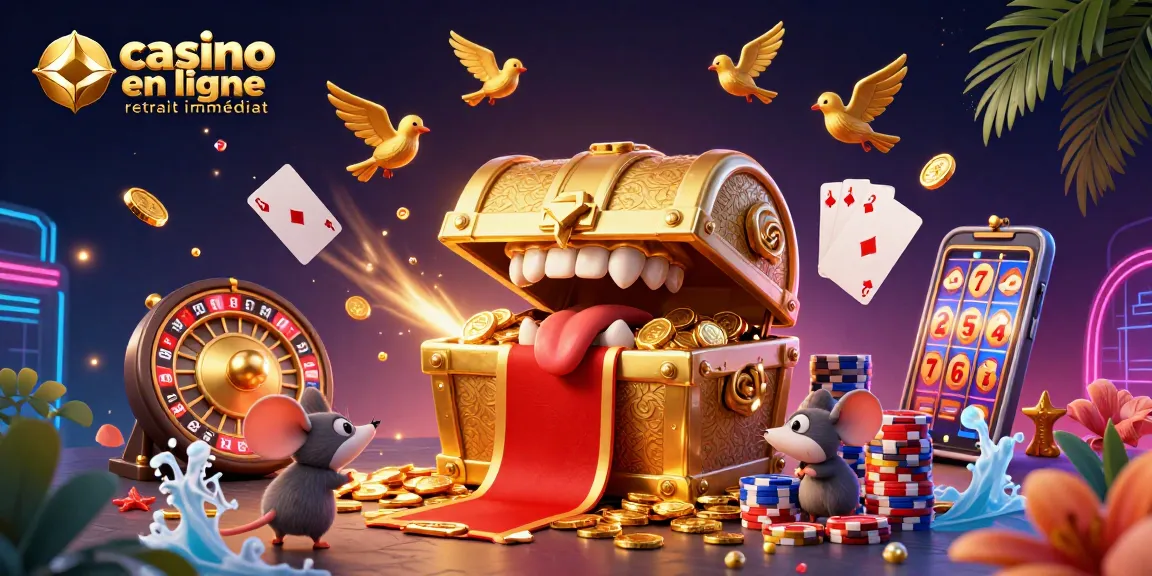 Casino en ligne retrait immédiat avec un coffre au trésor captivant et des symboles de jeu scintillants.