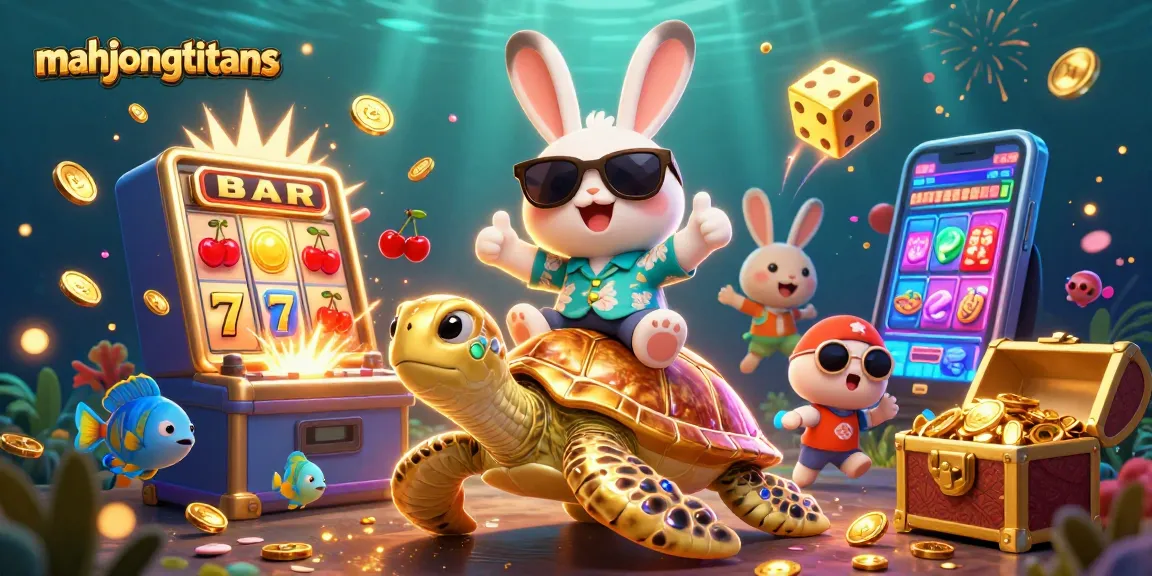 Engage in mahjongtitans with the lucky rabbit and golden sea turtle amid casino excitement.