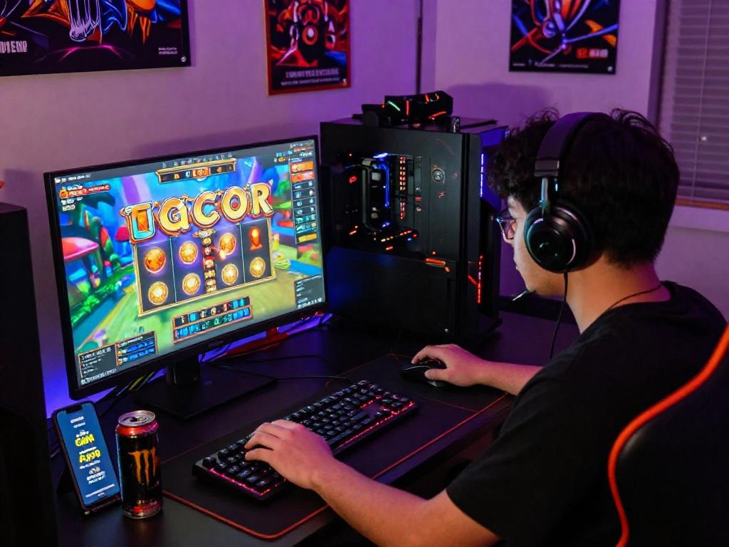 Permainan slot gacor di setup gaming modern dengan pemain fokus dan LED berwarna-warni.
