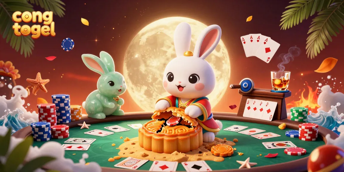 Experience cong togel with a moon rabbit in a vibrant 3D casino scene filled with poker elements.