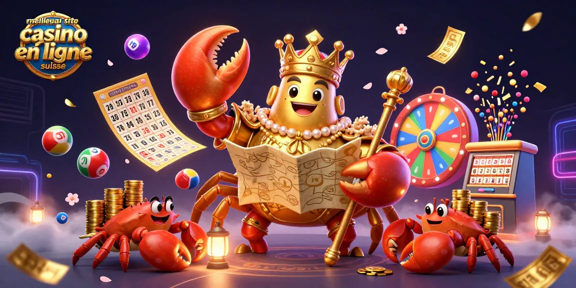 Illustration dynamique du meilleur site casino en ligne suisse, avec un crabe doré et des éléments de jeux de loterie.