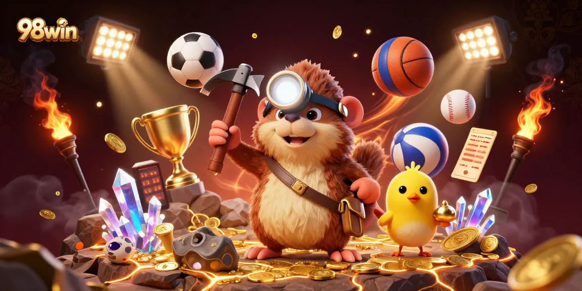 Experience exciting gaming vibes at 98win with a treasure hunter and sports elements in a dynamic scene.
