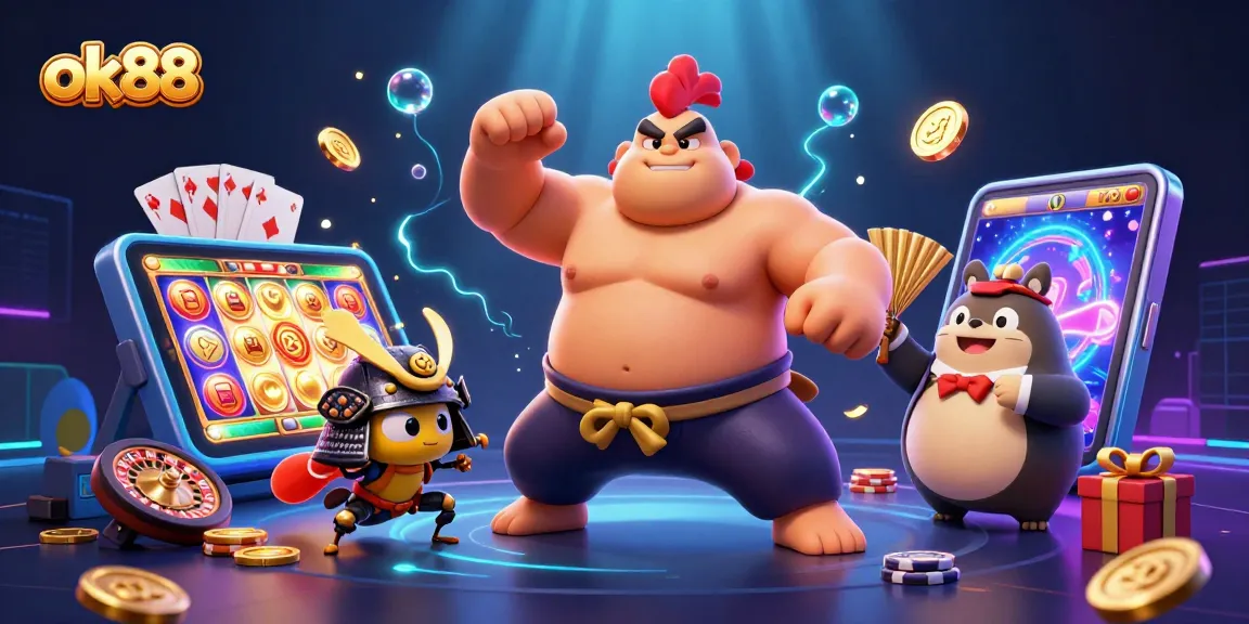 Engage with vibrant ok88 casino action, featuring a powerful sumo wrestler, a fierce cricket, and dynamic game elements.