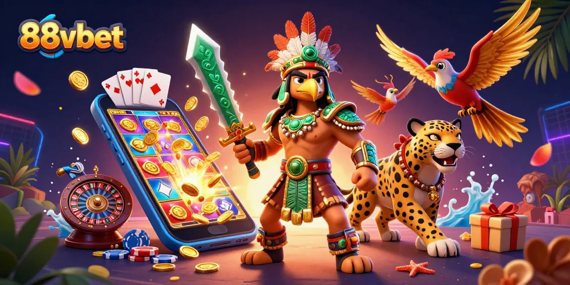 Experience thrilling gaming action at 88vbet with vibrant slot games and dynamic Aztec warriors.