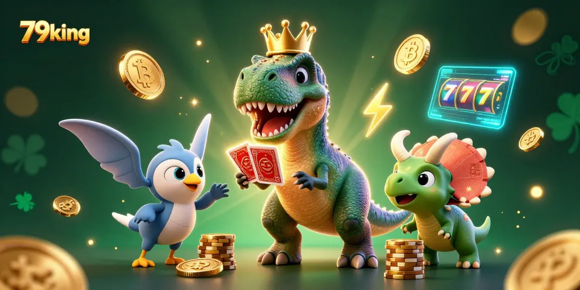 Experience 79king's thrilling 3D gaming illustration featuring playful dinosaur characters engaging in high-stakes fun.