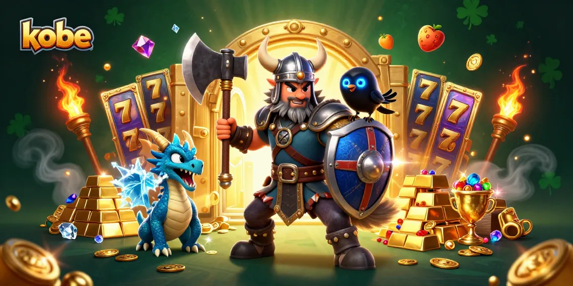 Kobe includes an astonishing scene with a Viking wolf warrior, dragon, and a raven amid riches and slot game symbols.