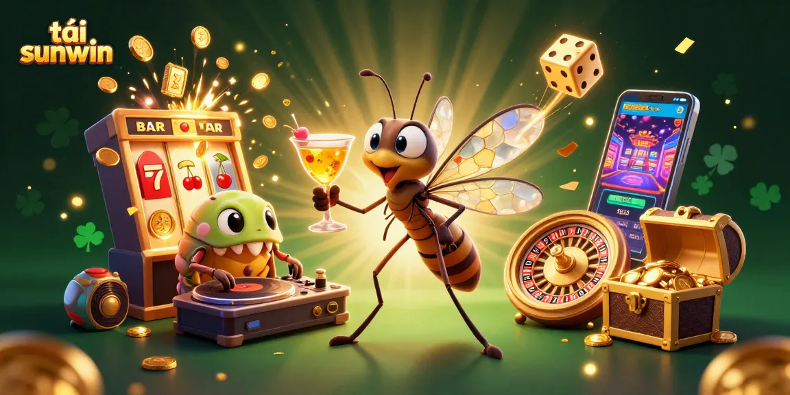 Tải sunwin with vibrant casino elements like slot machines and roulette wheels in immersive 3D illustration.
