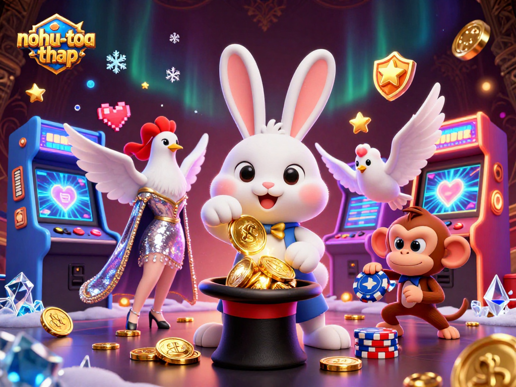 nohu-toa-thap showcases an exciting scene with a magician rabbit pulling coins and vibrant game elements