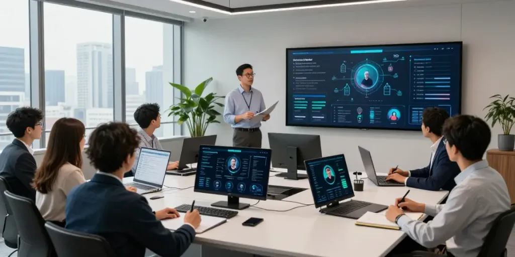 Deepfake protected Conferencing setup in modern office with diverse professionals engaged in a meeting.