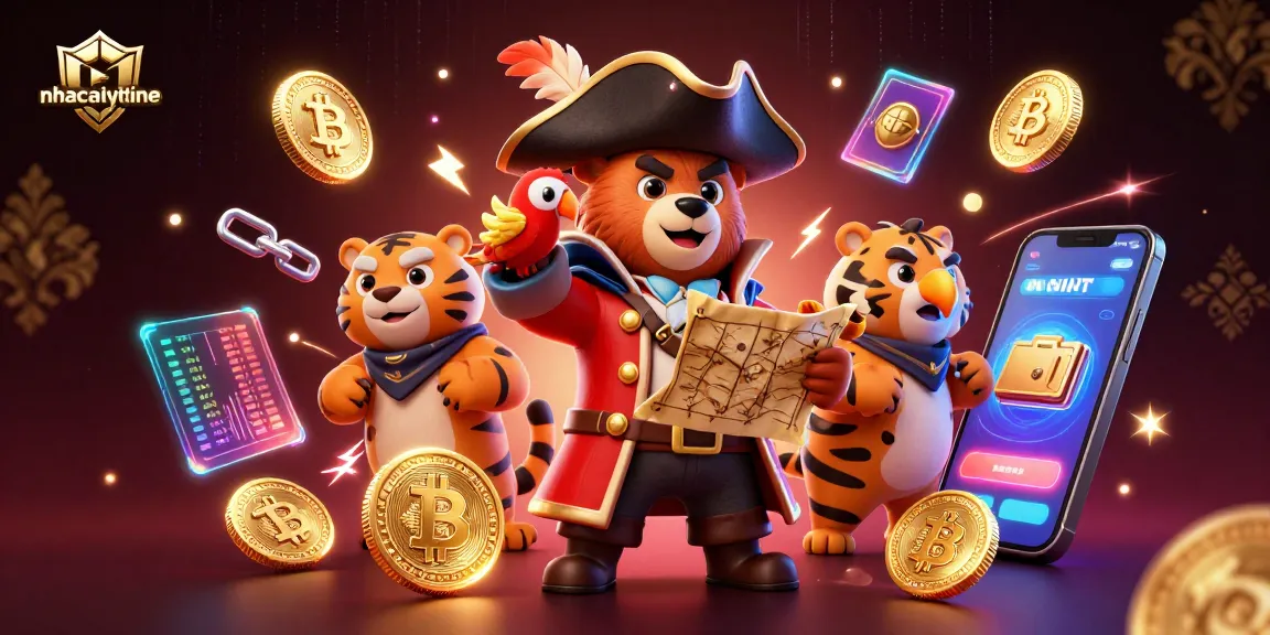 Bet on the action with nhacaiuytinne, featuring a pirate bear and tiger amidst crypto treasures.