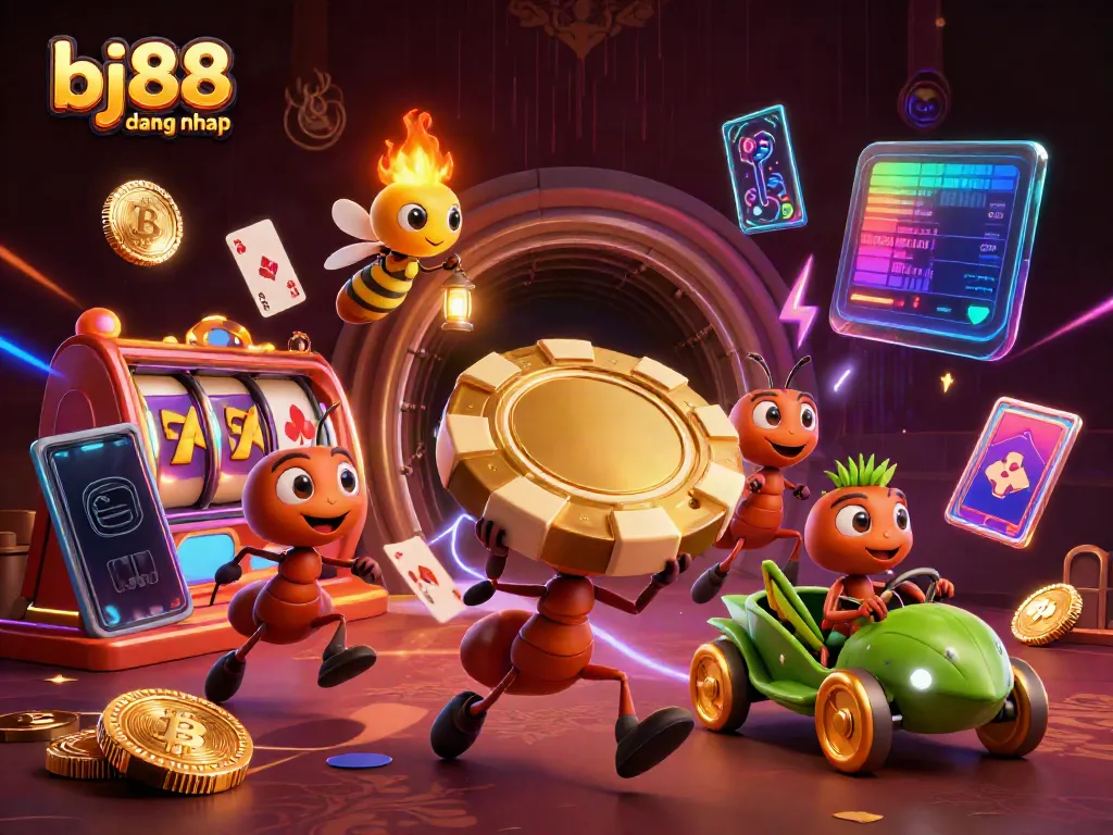 Experience the excitement of bj88 dang nhap with a dynamic scene of ants heisting a golden poker chip in a thrilling casino environment.